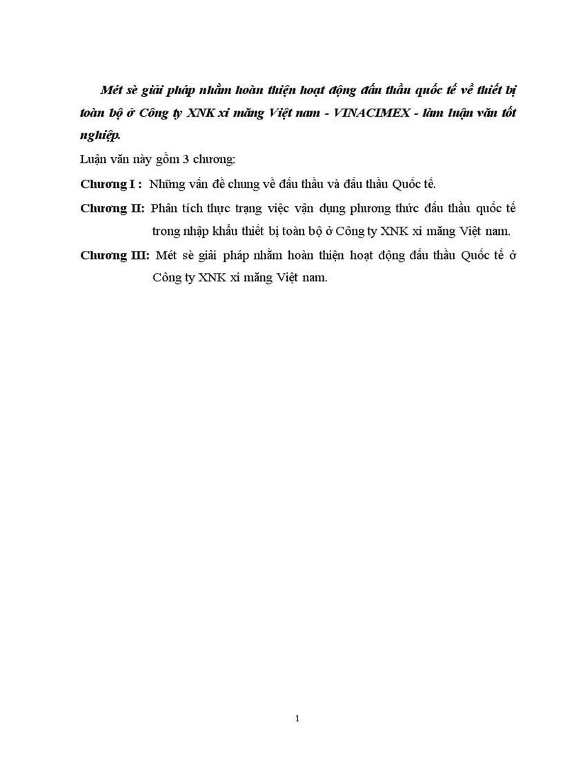 Một số giải pháp nhằm hoàn thiện hoạt động đấu thầu quốc tế về thiết bị toàn bộ ở Công ty XNK xi măng Việt nam Vinacimex 1