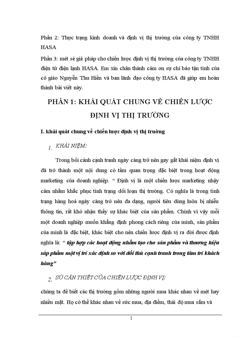 Xây dựng chiến lược định vị thị trường cho các sản phẩm điện tử điện lạnh của công ty TNHH HASA 1