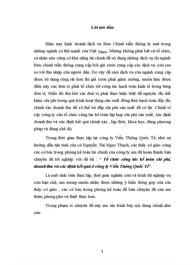 Tổ chức công tác kế toán chi phí doanh thu và xác định kết quả ở công ty Viễn Thông Quốc Tế 1