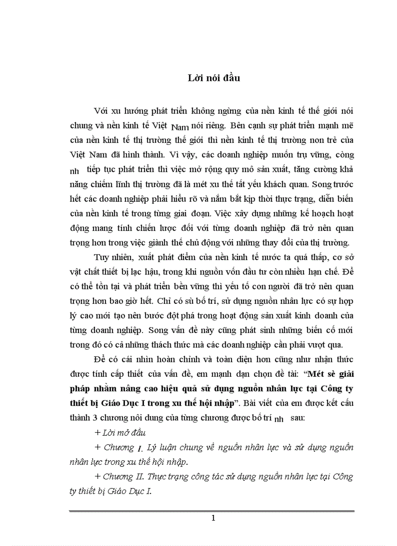 Một số giải pháp nhằm nâng cao hiệu quả sử dụng nguồn nhân lực tại Công ty thiết bị Giáo Dục I trong xu thế hội nhập