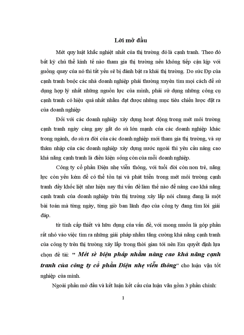 Một số biện pháp nhằm nâng cao khả năng cạnh tranh của công ty cổ phần Điện nhẹ viễn thông