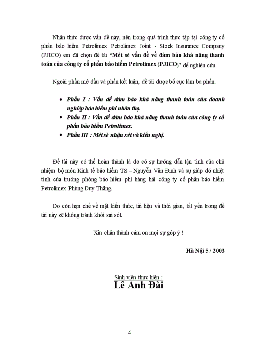Một số vấn đề về đảm bảo khả năng thanh toán của công ty cổ phần bảo hiểm Petrolimex PJICO 1