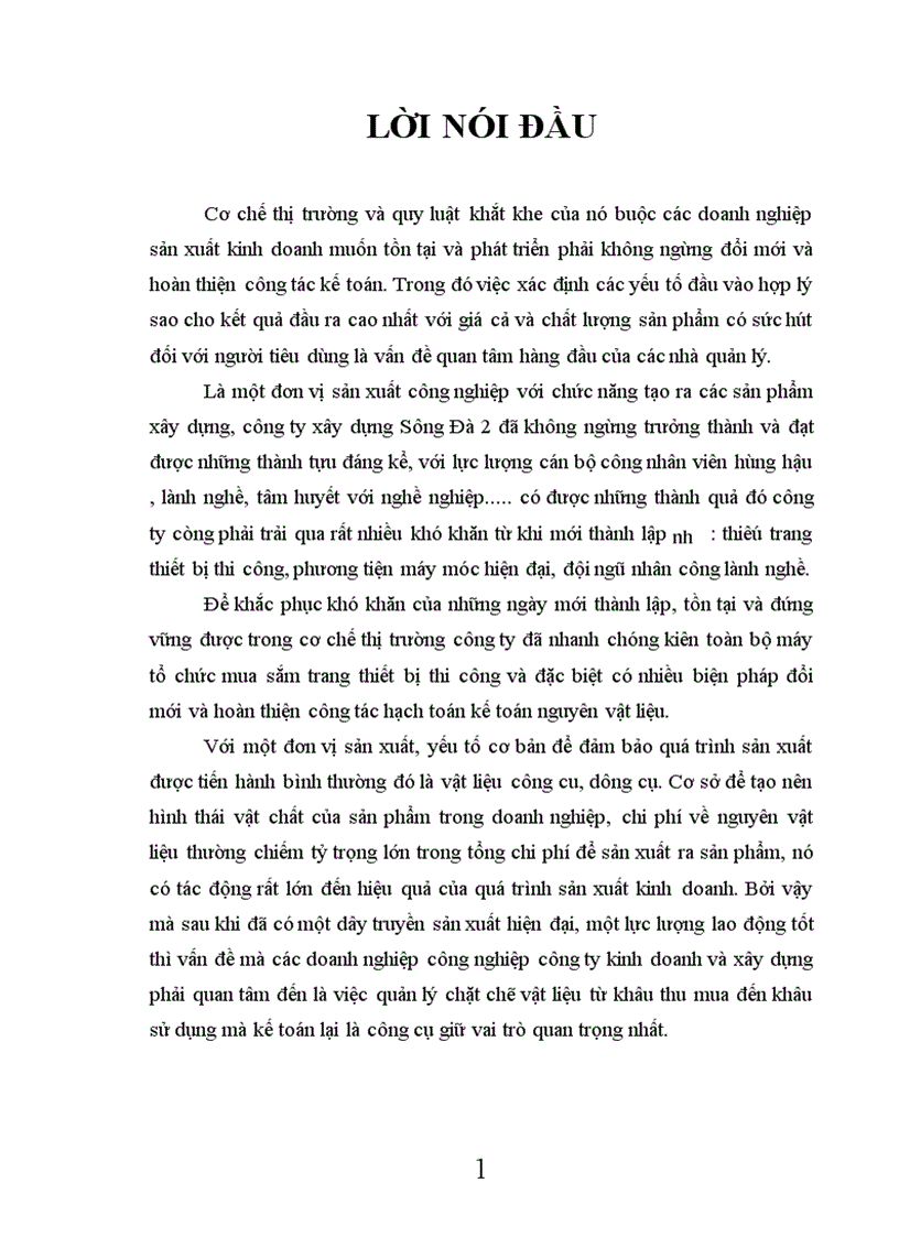 Tổ chức công tác kế toán nguyên vật liệu và tình hình quản lý sử dụng nguyên vật liệu tại công ty xây dựng Sông Đà số 2 1