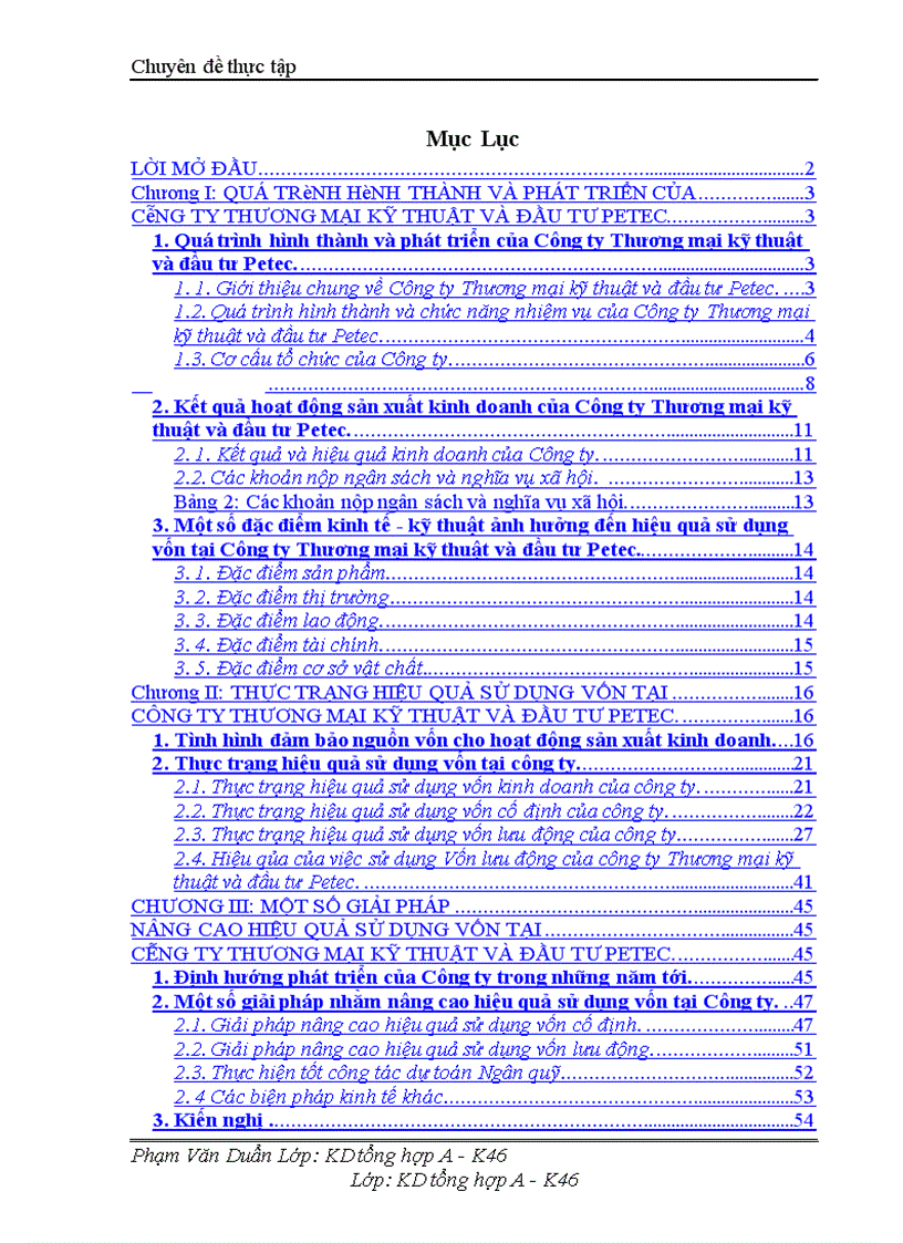 Vốn và các giải pháp nâng cao hiệu quả sử dụng vốn ở Công ty Thương mại kỹ thuật và đầu tư Petec 1