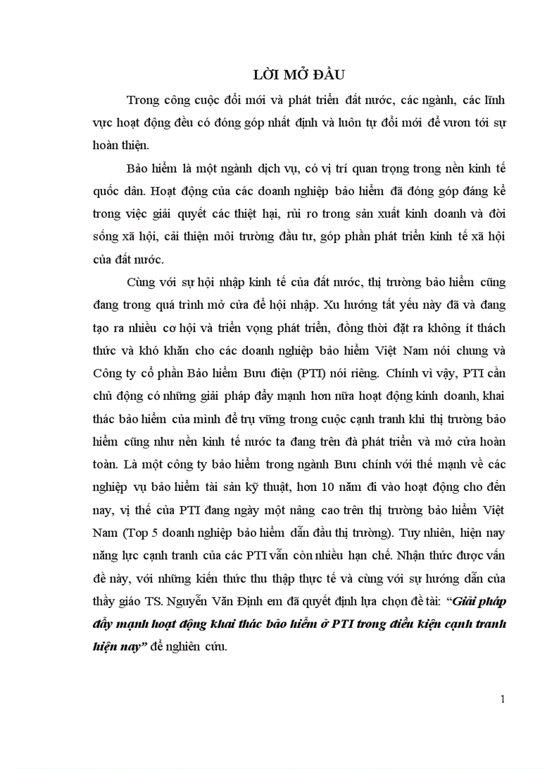 Giải pháp đẩy mạnh hoạt động khai thác bảo hiểm ở PTI trong điều kiện cạnh tranh hiện nay 1