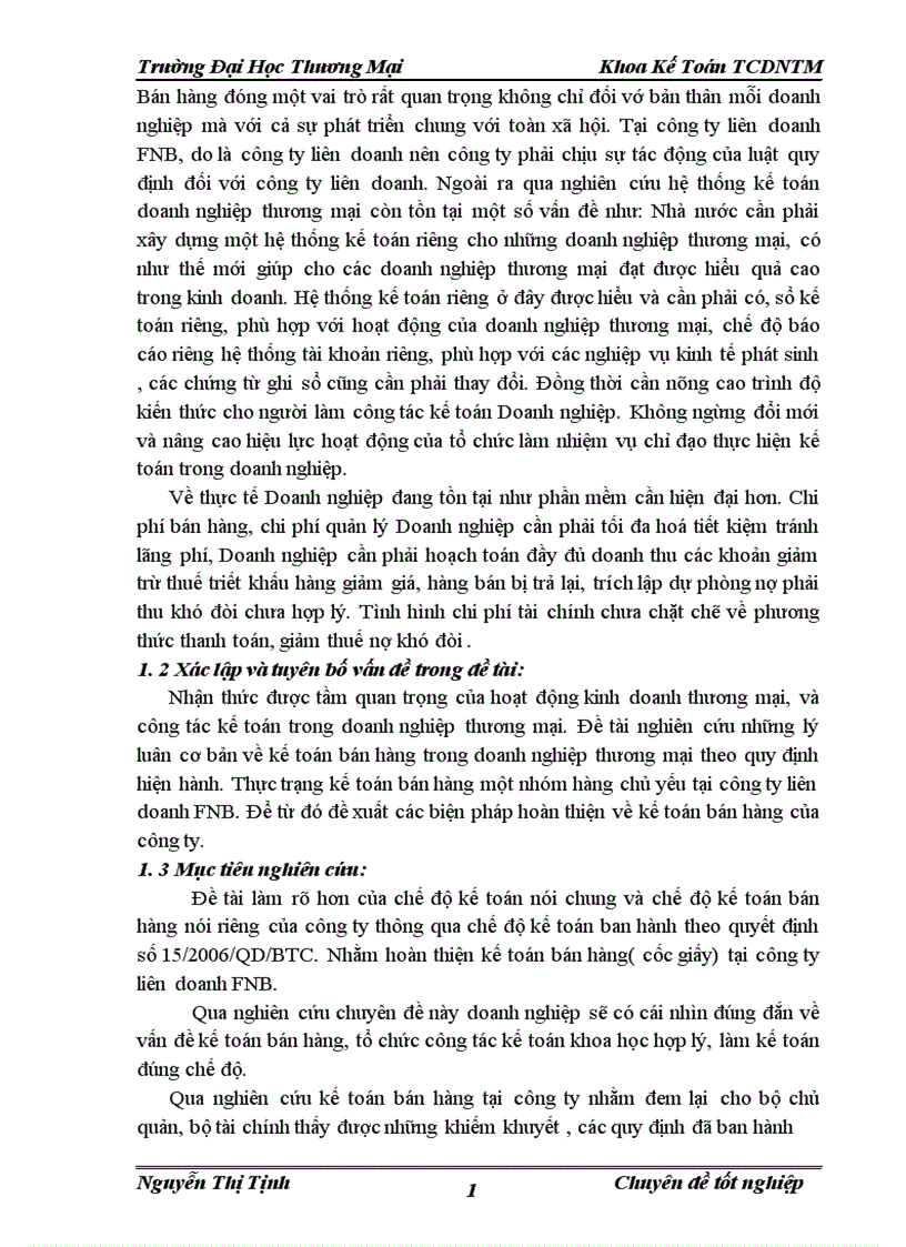 Hoàn thiên phương pháp kế toán nghiệp vụ bán hàng nhóm hàng chủ yếu cốc giấy tại công ty liên doanh FNB chi nhánh Hà Nội 1