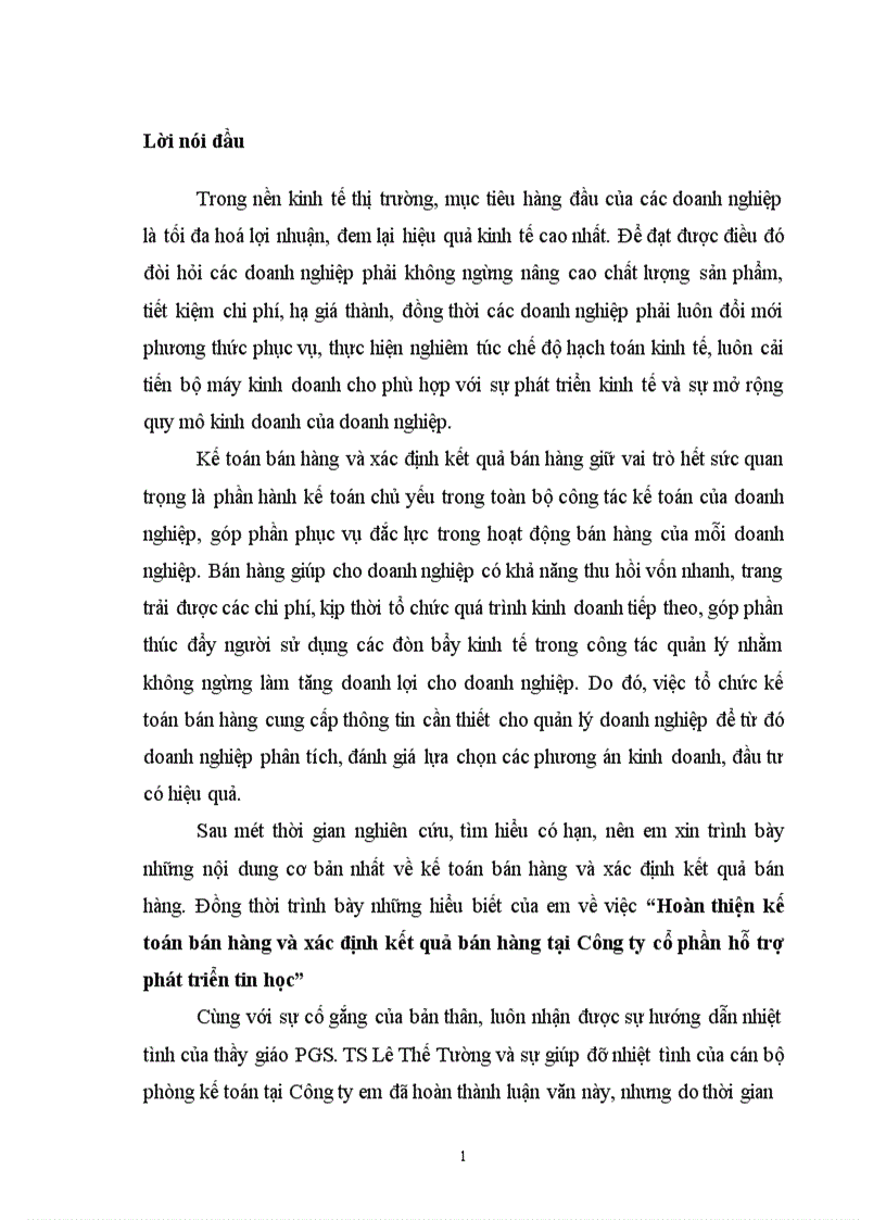 Hoàn thiện kế toán bán hàng và xác định kết quả bán hàng tại Công ty cổ phần hỗ trợ phát triển tin học 1
