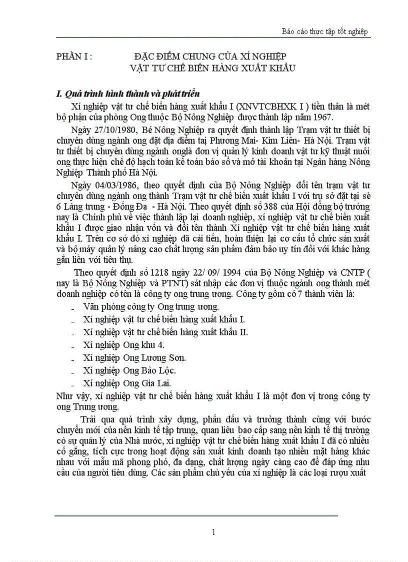 Báo cáo thực tập tổng hợp của Xí nghiệp vật tư chế biến hàng xuất khẩu I