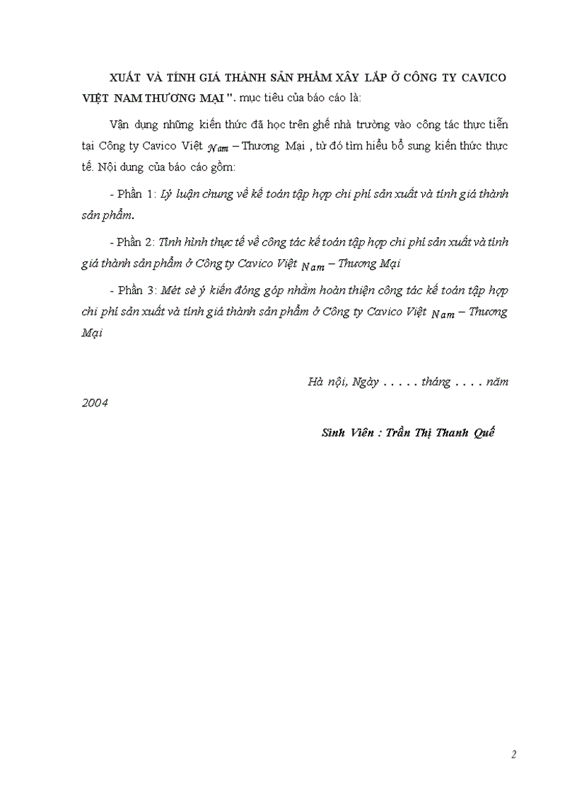Kế toán tập hợp chi phí sản xuất và tính giá thành sản phẩm xây lắp ở Công ty Cavico Việt Nam Thương Mại 1