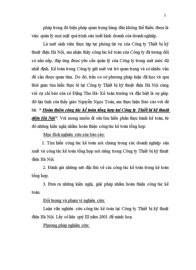 Hoàn thiện công tác kế toán tổng hợp tại Công ty Thiết bị kỹ thuật điện Hà Nội 1