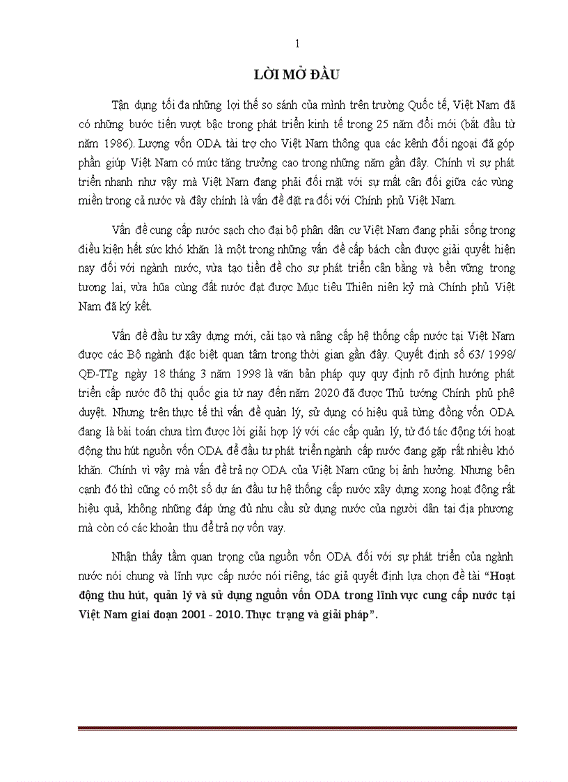 Hoạt động thu hút quản lý và sử dụng nguồn vốn ODA trong lĩnh vực cung cấp nước tại Việt Nam giai đoạn 2001 2010 Thực trạng và giải pháp