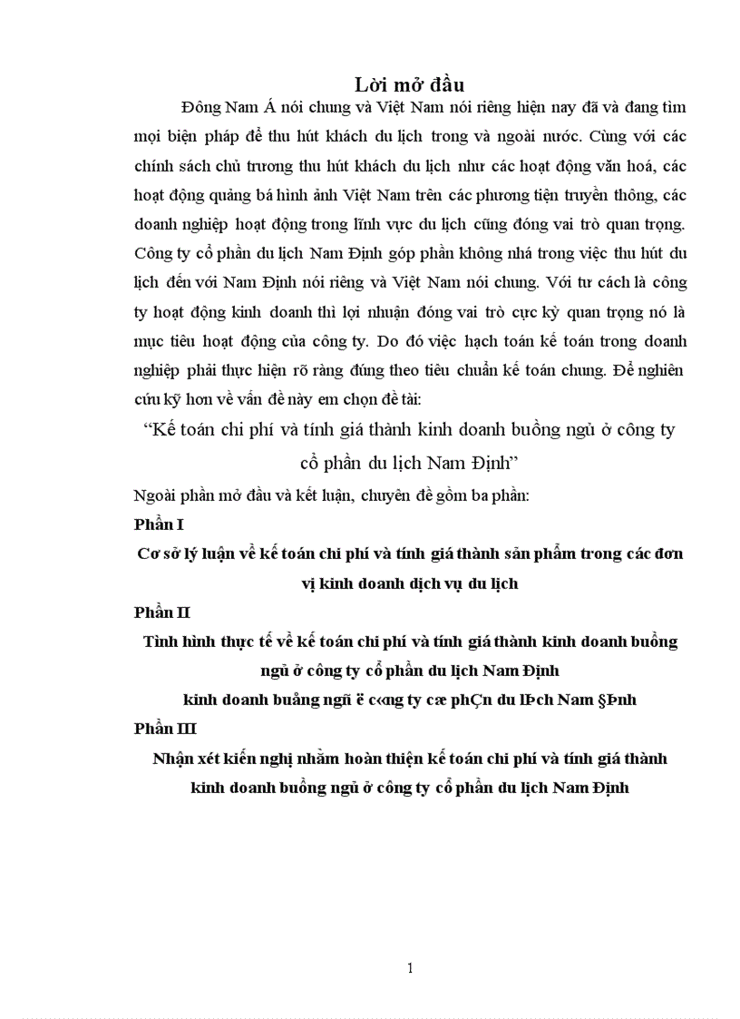 Kế toán chi phí và tính giá thành kinh doanh buồng ngủ ở công ty cổ phần du lịch Nam Định 1