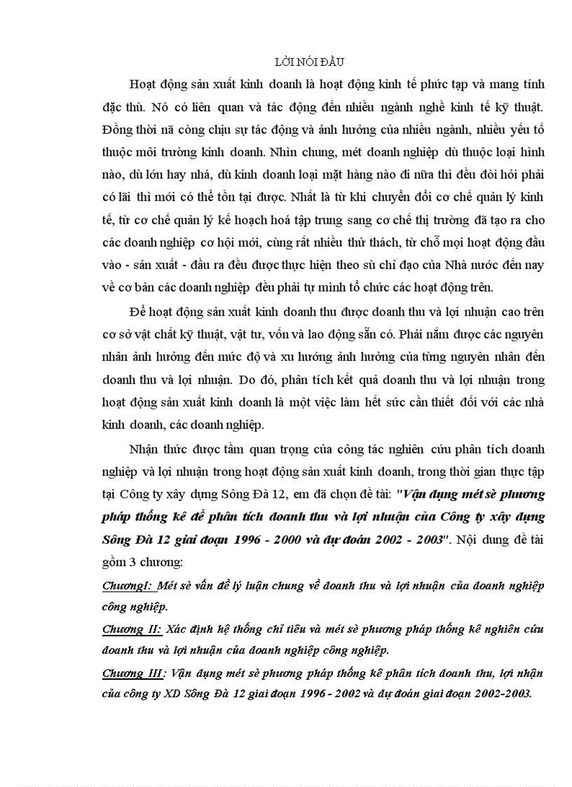 Vận dụng một số phương pháp thống kê để phân tích doanh thu và lợi nhuận của Công ty xây dựng Sông Đà 12 giai đoạn 1996 2000 và dự đoán 2002 2003 1