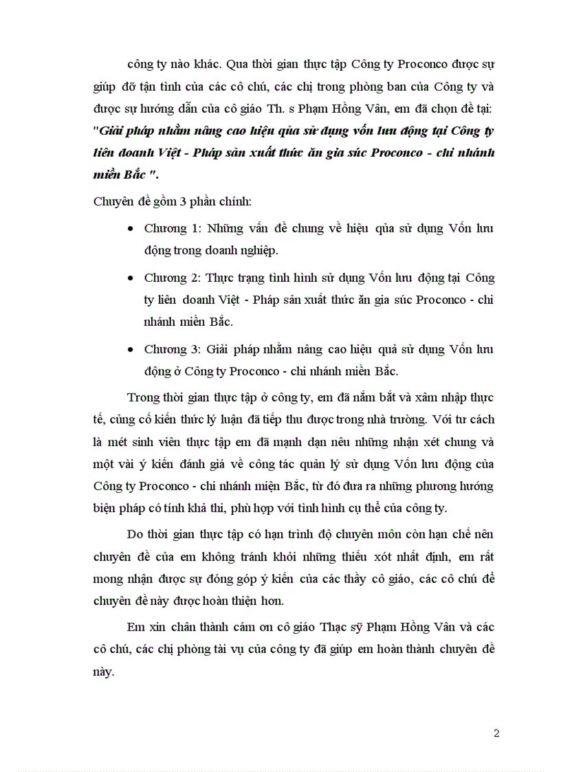 Giải pháp nhằm nâng cao hiệu qủa sử dụng vốn lưu động tại Công ty liên doanh Việt Pháp sản xuất thức ăn gia súc Proconco chi nhánh miền Bắc 1