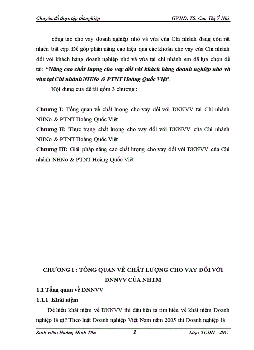 image for page Nâng cao chất lượng cho vay đối với khách hàng doanh nghiệp nhỏ và vừa tại Chi nhánh NHNo PTNT Hoàng Quốc Việt