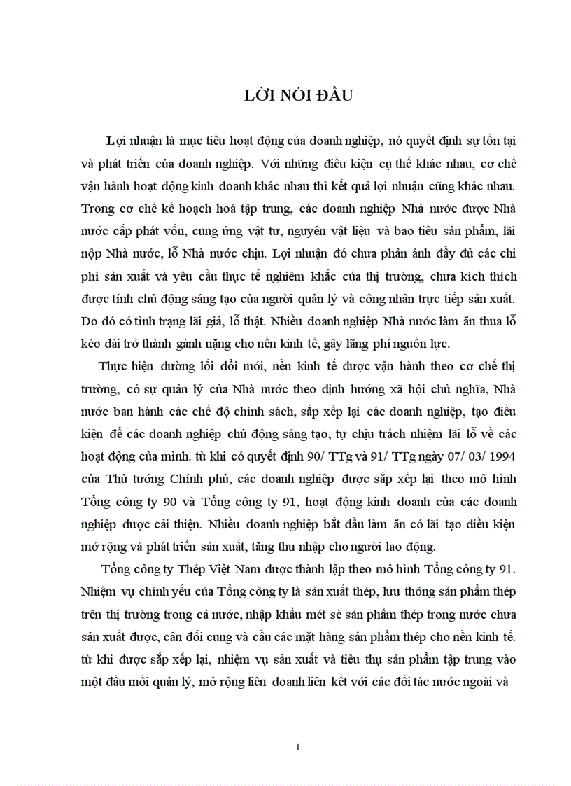 Phân tích lợi nhuận và một số giải pháp nhằm nâng cao lợi nhuận trong sản xuất kinh doanh tại Tổng công ty Thép Việt Nam 1