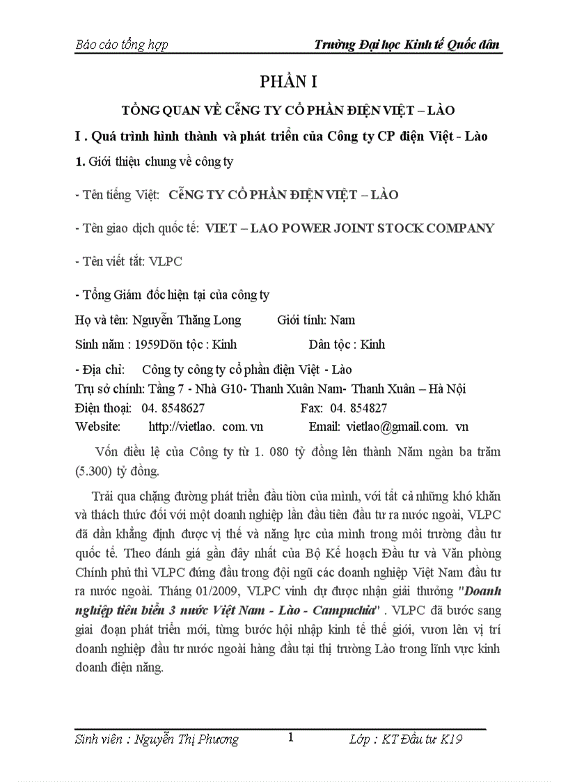 Báo cáo tổng hợp tại Công ty cổ phần điện Việt Lào