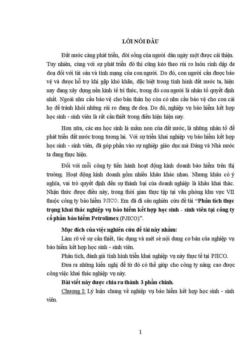Phân tích thực trạng khai thác nghiệp vụ bảo hiểm kết hợp học sinh sinh viên tại công ty cổ phần bảo hiểm Petrolimex PJICO 1