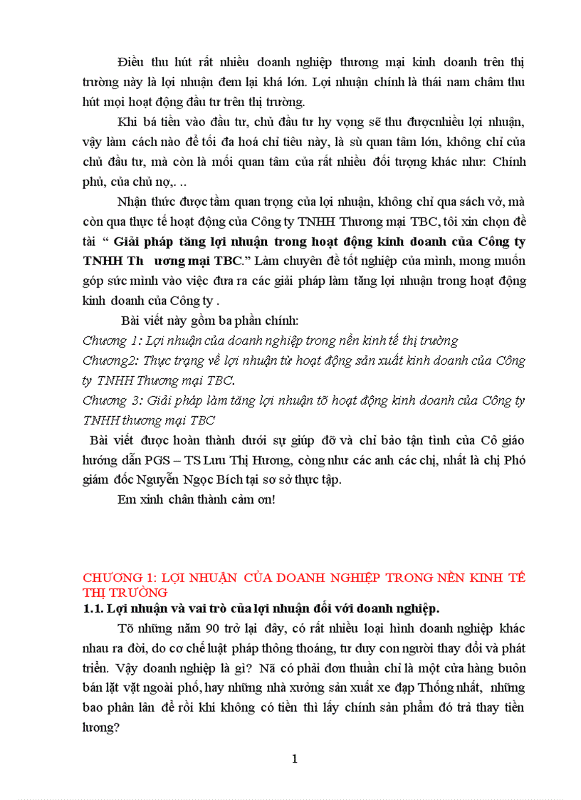 Giải pháp tăng lợi nhuận trong hoạt động kinh doanh của Công ty TNHH Thương mại TBC 1