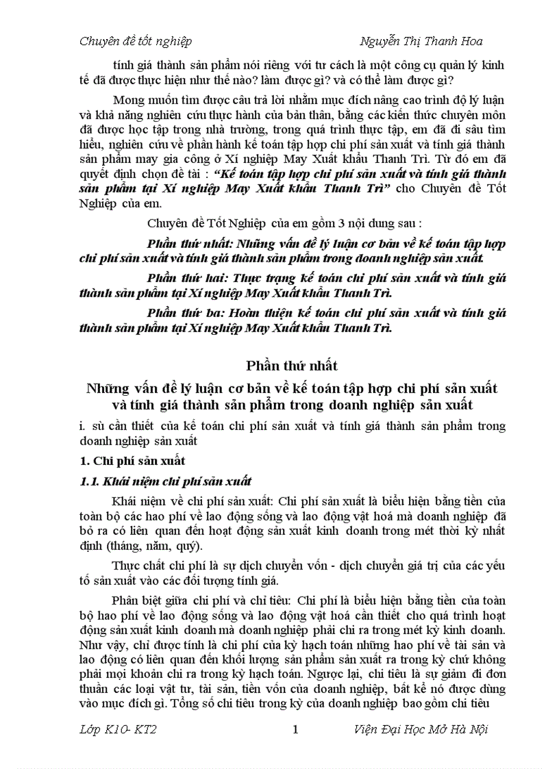 image for page Kế toán tập hợp chi phí sản xuất và tính giá thành sản phẩm tại Xí nghiệp May Xuất khẩu Thanh Trì 1