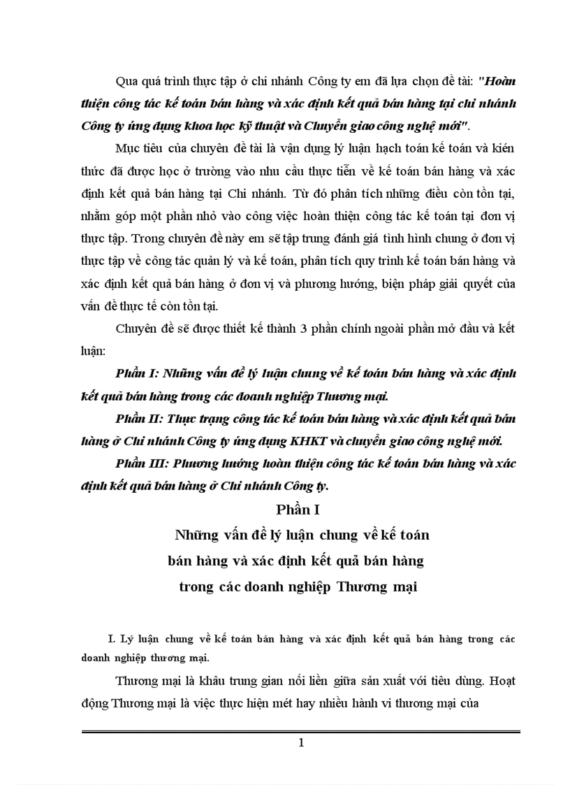 Hoàn thiện công tác kế toán bán hàng và xác định kết quả bán hàng tại chi nhánh Công ty ứng dụng khoa học kỹ thuật và Chuyển giao công nghệ mới 1
