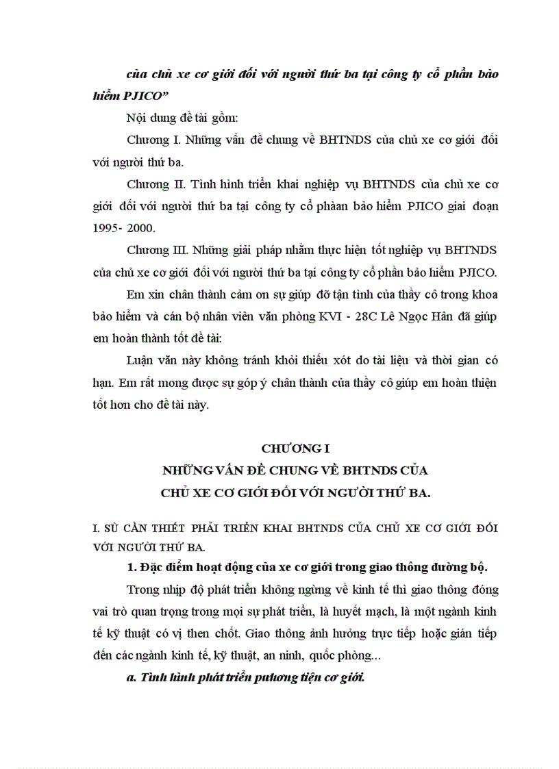 Thực trạng và những giải pháp nhằm nâng cao tính bắt buộc trong nghiệp vụ BHTNDS của chủ xe cơ giới đối với người thứ ba tại công ty cổ phần bảo hiểm PJICO 1