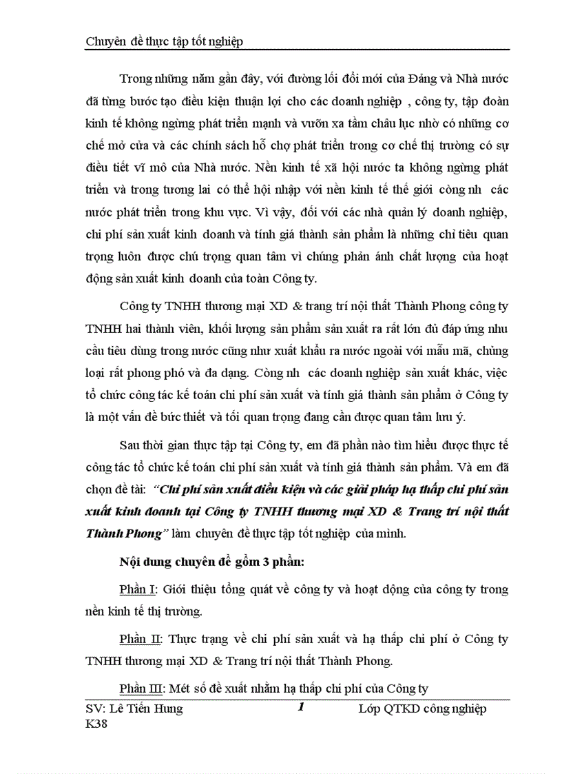 Chi phí sản xuất điều kiện và các giải pháp hạ thấp chi phí sản xuất kinh doanh tại Công ty TNHH thương mại XD Trang trí nội thất Thành Phong 1