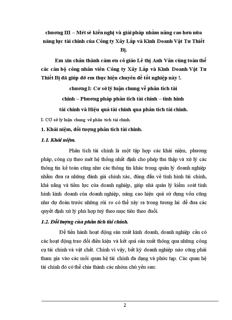 Phân tích tài chính và các giải pháp nhằm tăng cường năng lực tài chính tại Công ty Công ty Xây Lắp và Kinh Doanh Vật Tư Thiết Bị 1