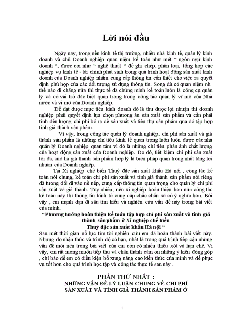 Phương hướng hoàn thiện kế toán tập hợp chi phí sản xuất và tính giá thành sản phẩm ở Xí nghiệp chế biến Thuỷ đặc sản xuất khẩu Hà nội 1