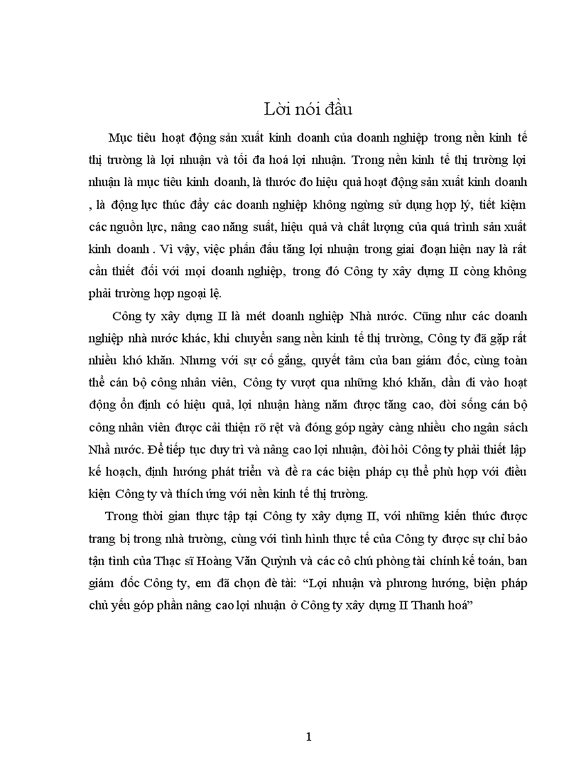Lợi nhuận và phương hướng biện pháp chủ yếu góp phần nâng cao lợi nhuận ở Công ty xây dựng II Thanh Hoá 1