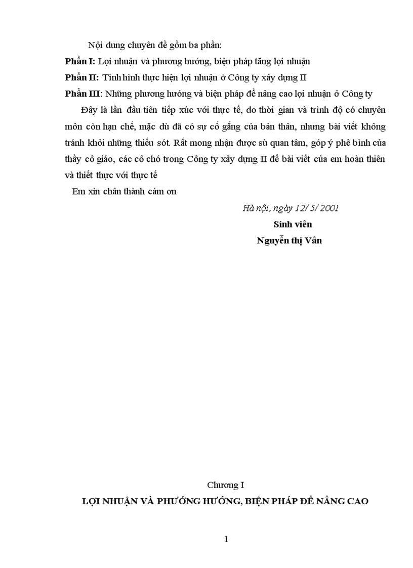 Lợi nhuận và phương hướng biện pháp chủ yếu góp phần nâng cao lợi nhuận ở Công ty xây dựng II Thanh Hoá 1