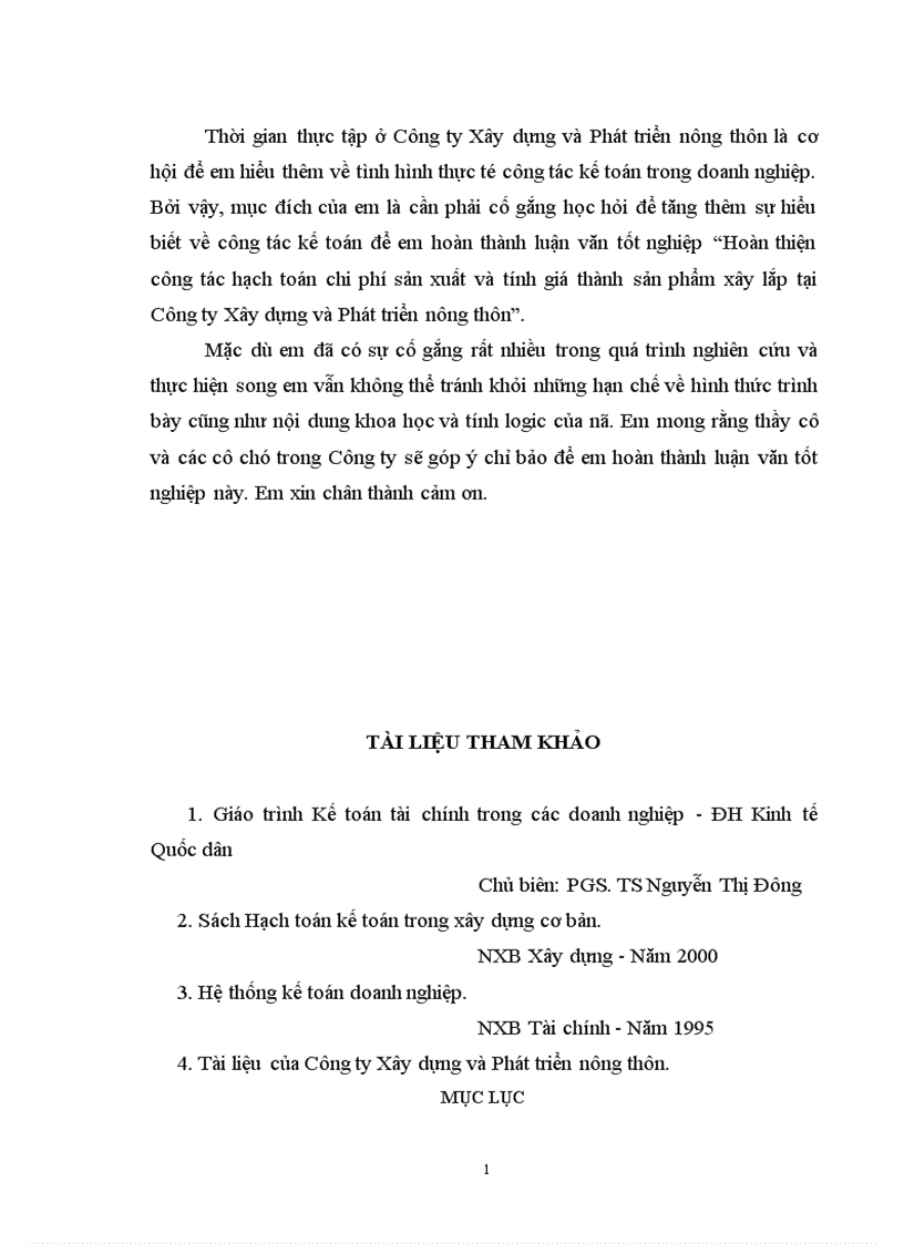 image for page Hoàn thiện công tác hạch toán chi phí sản xuất và tính giá thành sản phẩm xây lắp tại Công ty Xây dựng và Phát triển nông thôn 1