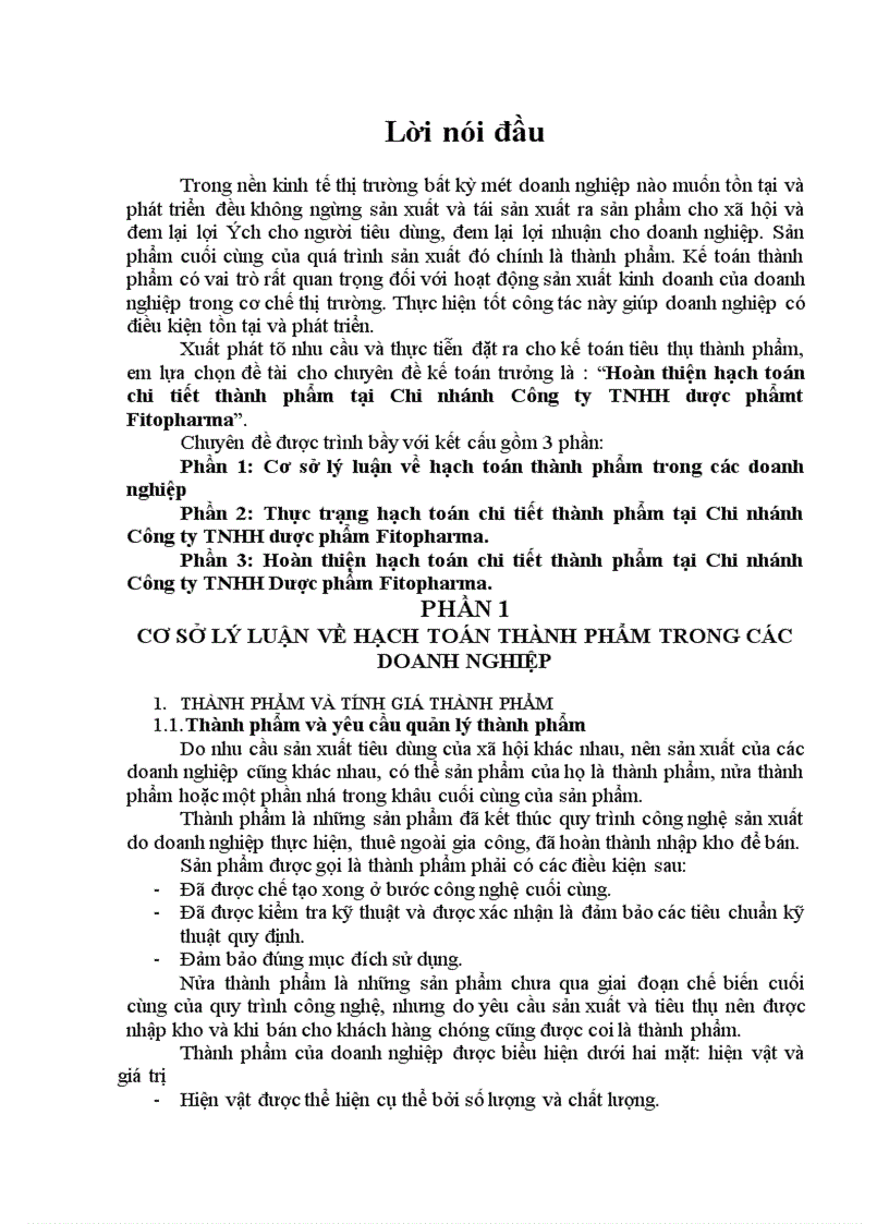 Hoàn thiện hạch toán chi tiết thành phẩm tại Chi nhánh Công ty TNHH dược phẩmt Fitopharma 1