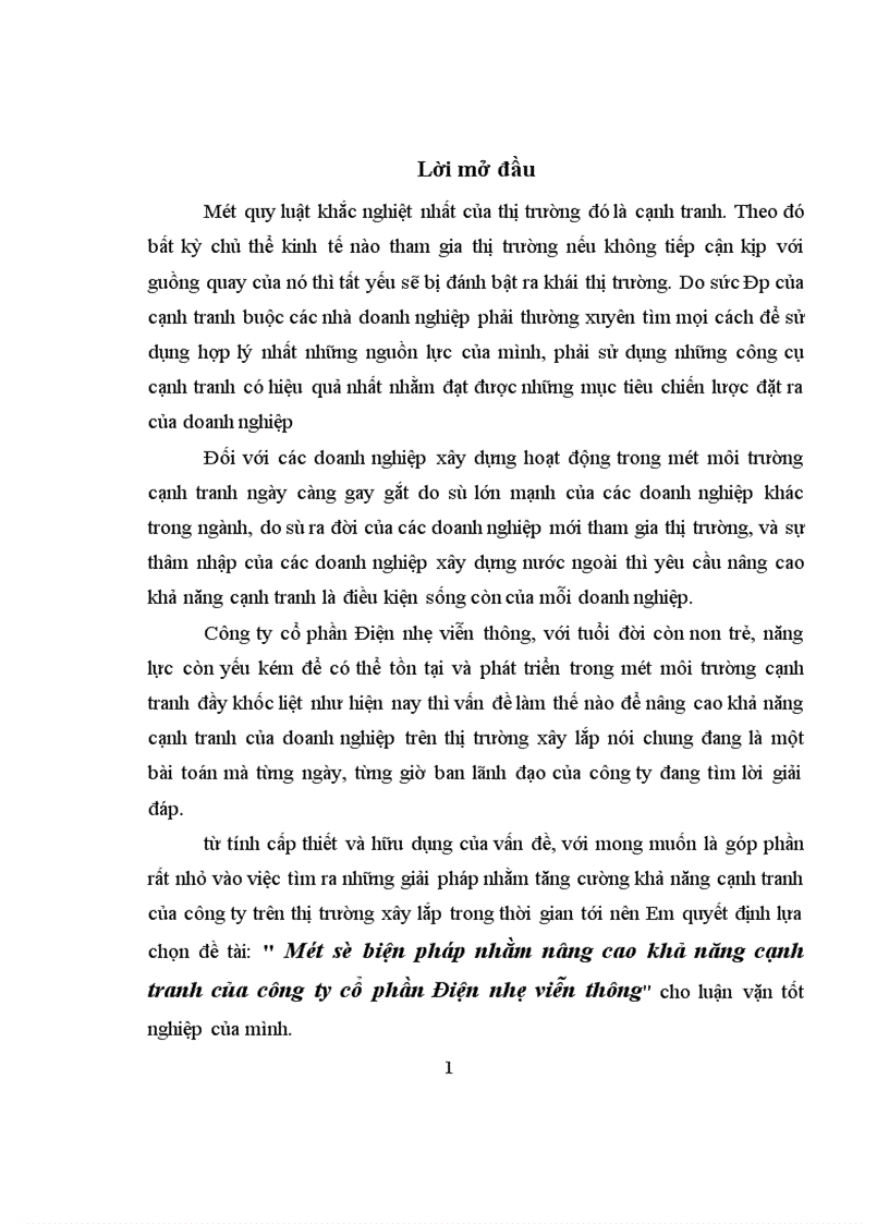 Một số biện pháp nhằm nâng cao khả năng cạnh tranh của công ty cổ phần Điện nhẹ viễn thông