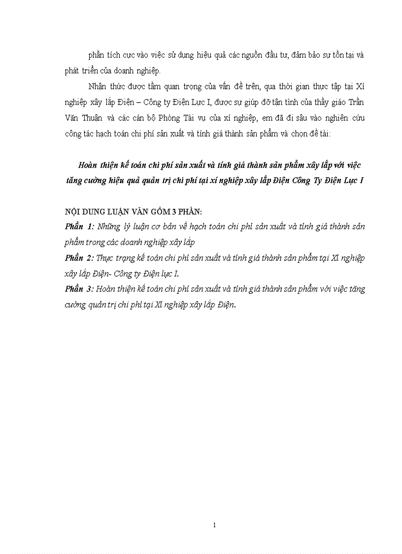 Hoàn thiện công tác tổ chức hạch toán chi phí sản xuất và tính giá thành với việc tăng cường công tác quản trị tạiXí nghiệp xây lắp Điện Công Ty Điện Lực I 1