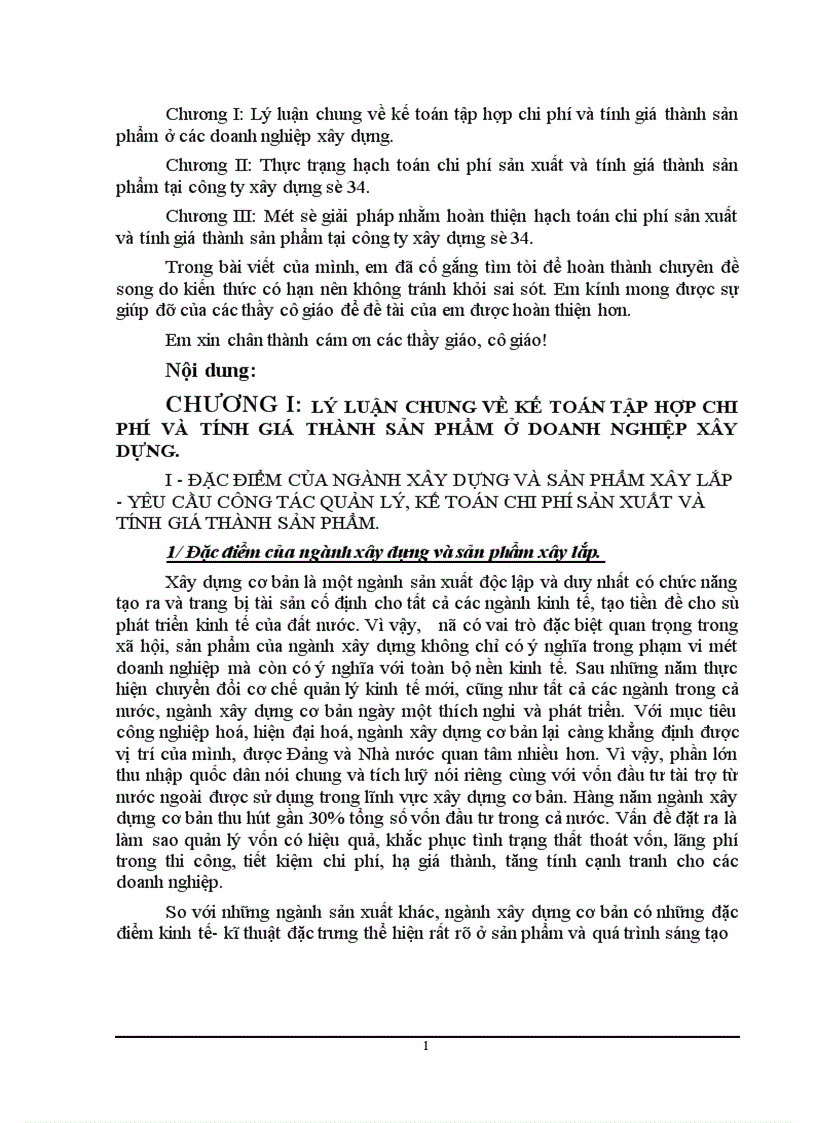 Hoàn thiện công tác hạch toán chi phí sản xuất và tính giá thành sản phẩm tại công ty xây dựng số 34 1