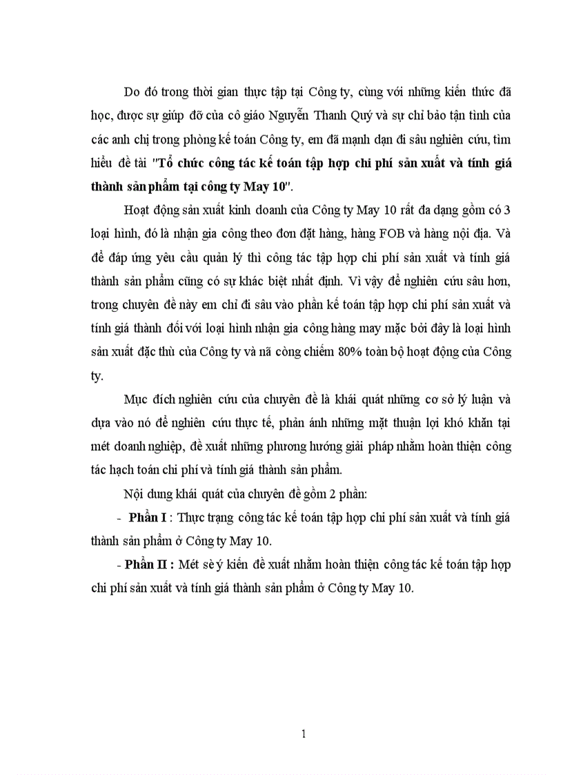 Tổ chức công tác kế toán tập hợp chi phí sản xuất và tính giá thành sản phẩm tại công ty May 10 1