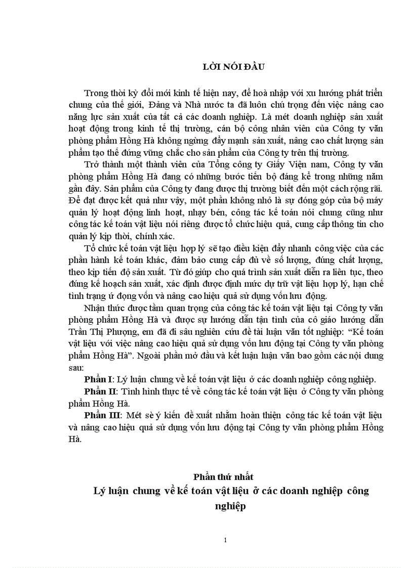 Kế toán vật liệu với việc nâng cao hiệu quả sử dụng vốn lưu động tại Công ty văn phòng phẩm Hồng Hà 1