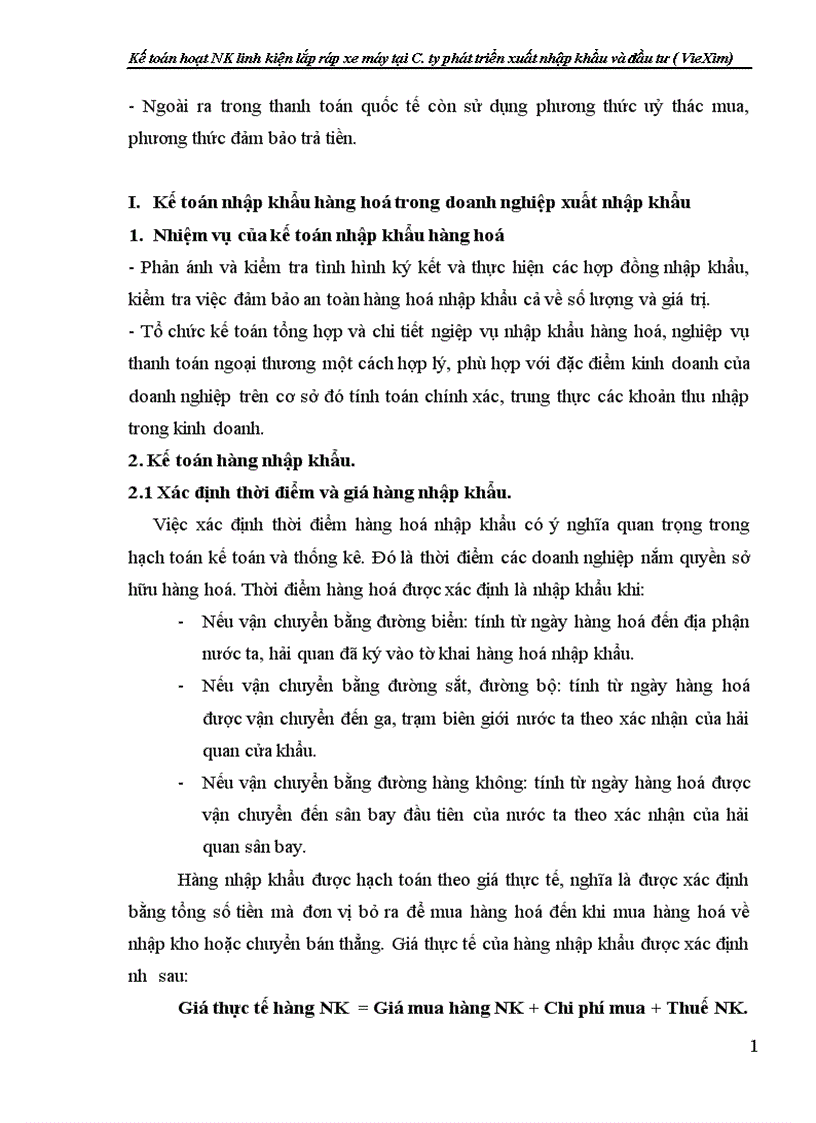 Kế toán hoạt NK linh kiện lắp ráp xe máy tại C ty phát triển xuất nhập khẩu và đầu tư VieXim 1