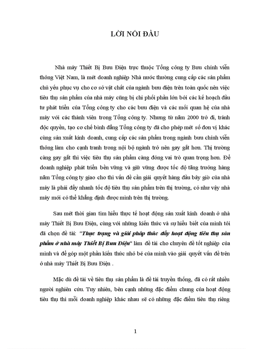 Thực trạng và giải pháp thúc đẩy hoạt động tiêu thụ sản phẩm ở nhà máy Thiết Bị Bưu Điện 1