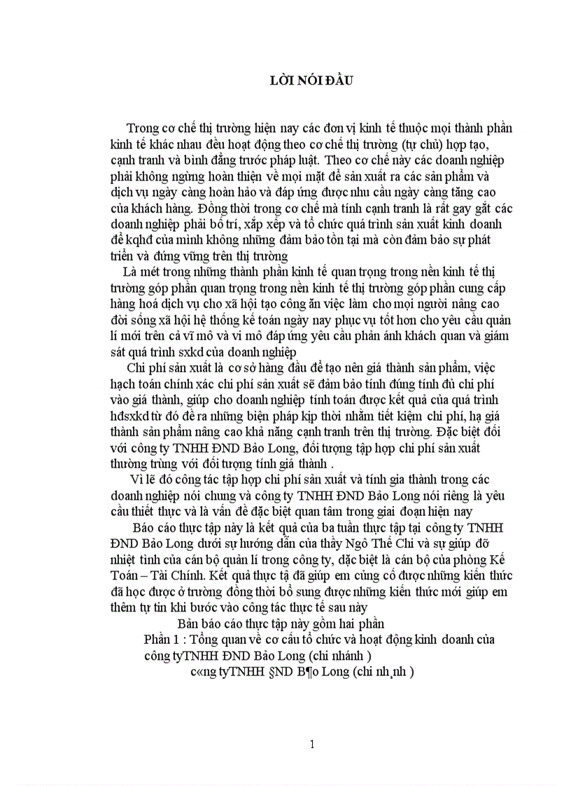 Tình hình thực tế của công tác kế toán tập hợp chi phí sx tính giá thành và quản trị doanh nghiệp ở chi nhánh ĐND Bảo Long 1