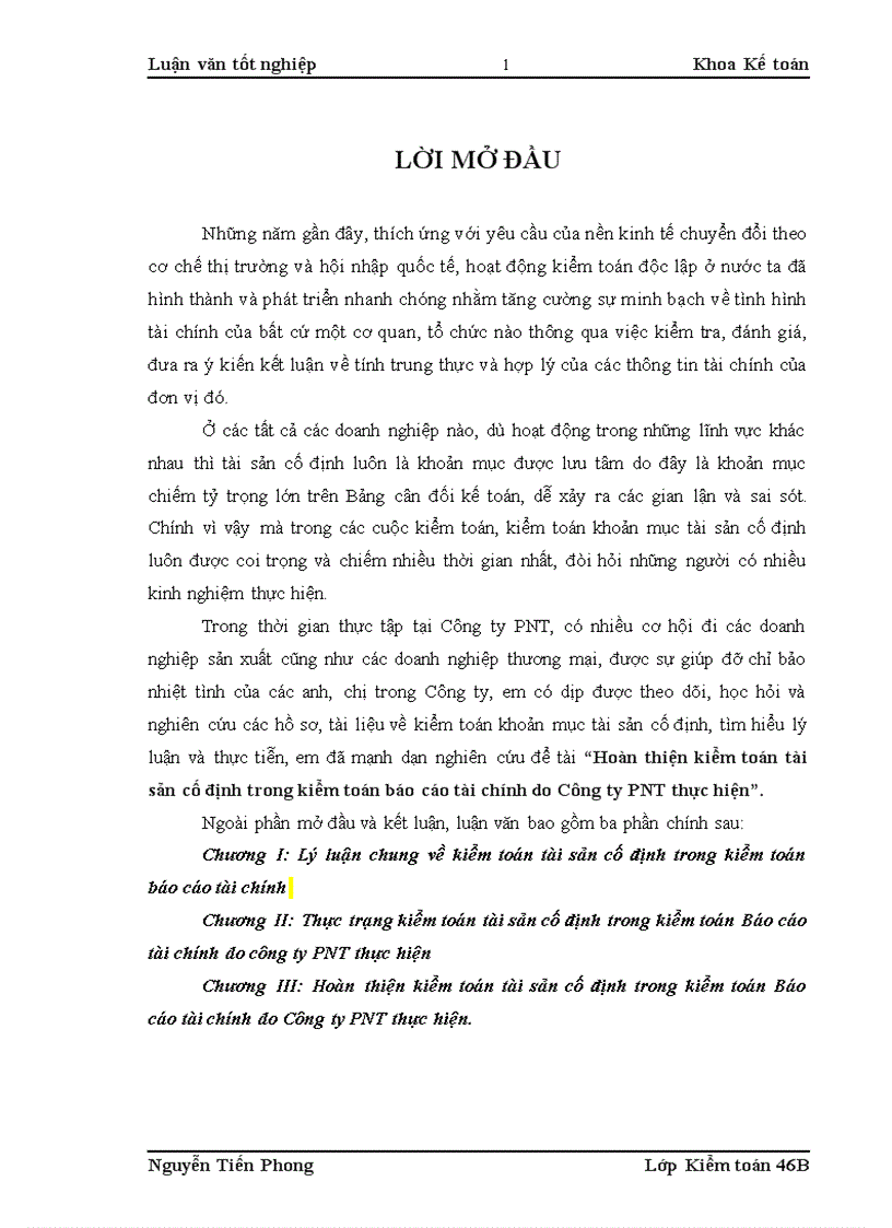 Hoàn thiện kiểm toán tài sản cố định trong kiểm toán báo cáo tài chính do Công ty PNT thực hiện 1