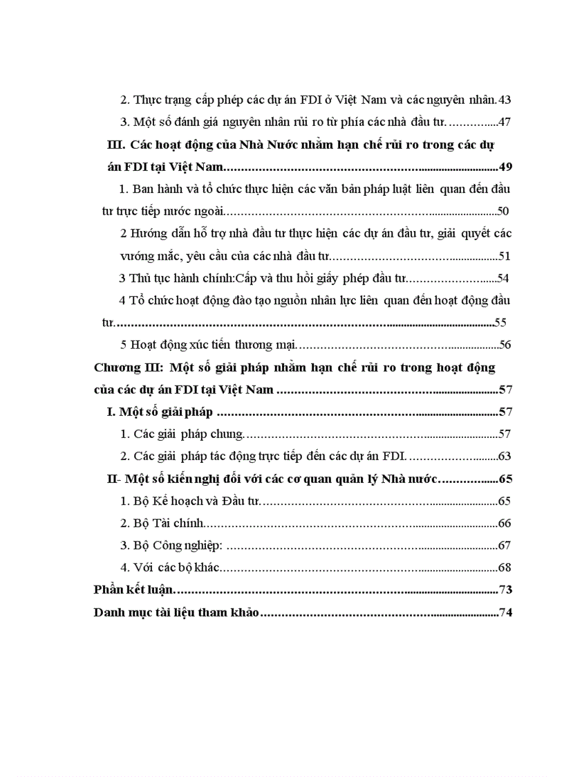 Một số giải pháp quản lý Nhà Nước nhằm hạn chế những rủi ro trong hoạt động của các dự án đầu tư trực tiếp nước ngoài FDI vào Việt Nam trong thời kỳ hôi nhập kinh tế quốc tế