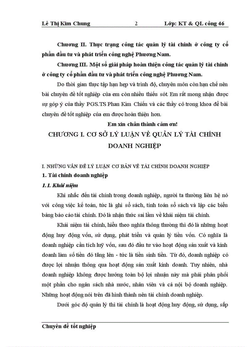 Một số giải pháp hoàn thiện công tác quản lý tài chính ở công ty cổ phần đầu tư và phát triển công nghệ Phương Nam