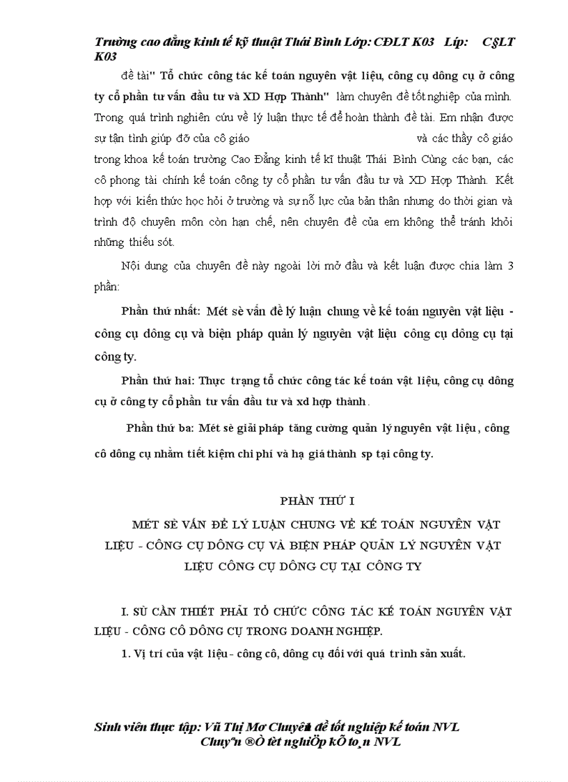 Tổ chức công tác kế toán nguyên vật liệu công cụ dụng cụ ở công ty cổ phần tư vấn đầu tư và XD Hợp Thành
