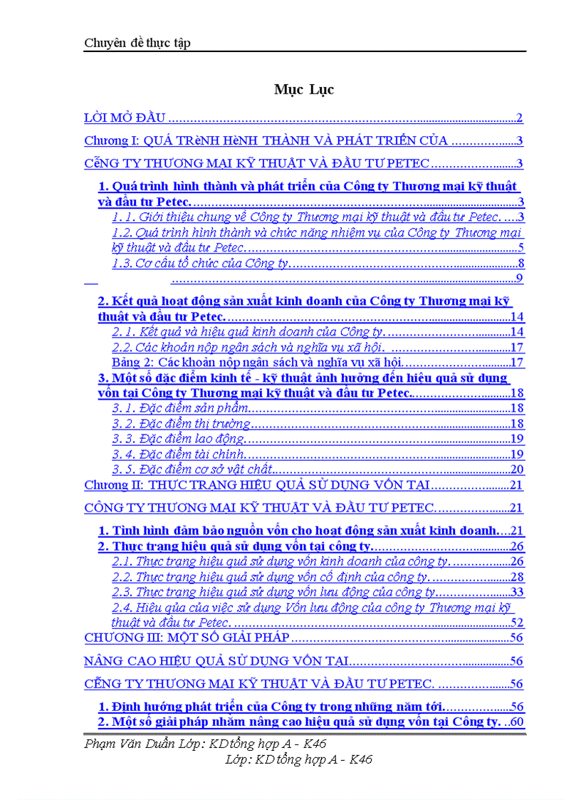 Vốn và các giải pháp nâng cao hiệu quả sử dụng vốn ở Công ty Thương mại kỹ thuật và đầu tư Petec 1
