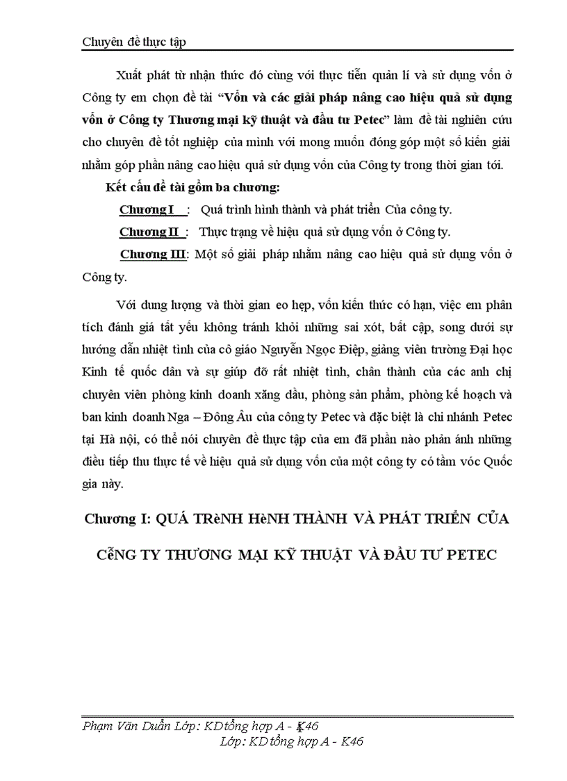 Vốn và các giải pháp nâng cao hiệu quả sử dụng vốn ở Công ty Thương mại kỹ thuật và đầu tư Petec 1