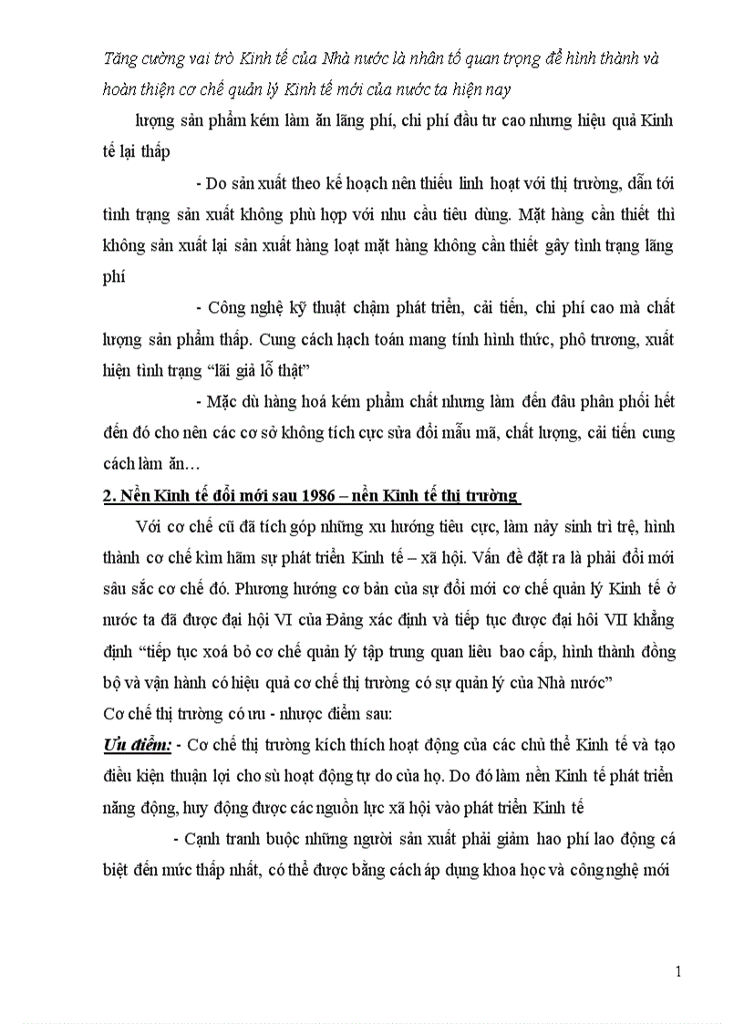 Tăng cường vai trò Kinh tế của Nhà nước là nhân tố quan trọng để hình thành và hoàn thiện cơ chế quản lý Kinh tế mới của nước ta hiện nay 1