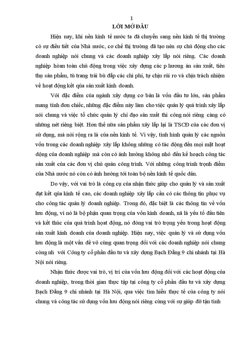 Quản trị và nâng cao hiệu quả sử dụng vốn lưu động tại Công ty cổ phần đầu tư và xây dựng Bạch Đằng 9 chi nhánh tại Hà Nội