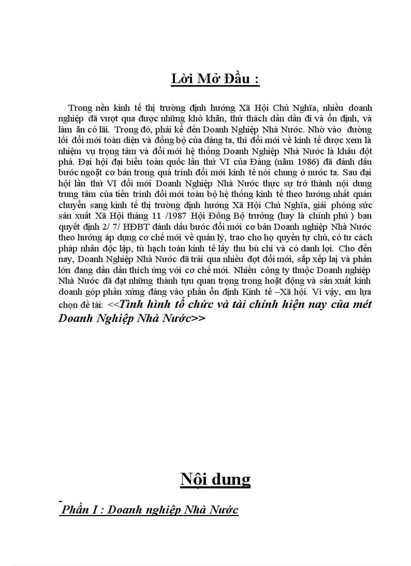 image for page Tình hình tổ chức và tài chính hiện nay của một Doanh Nghiệp Nhà Nướ